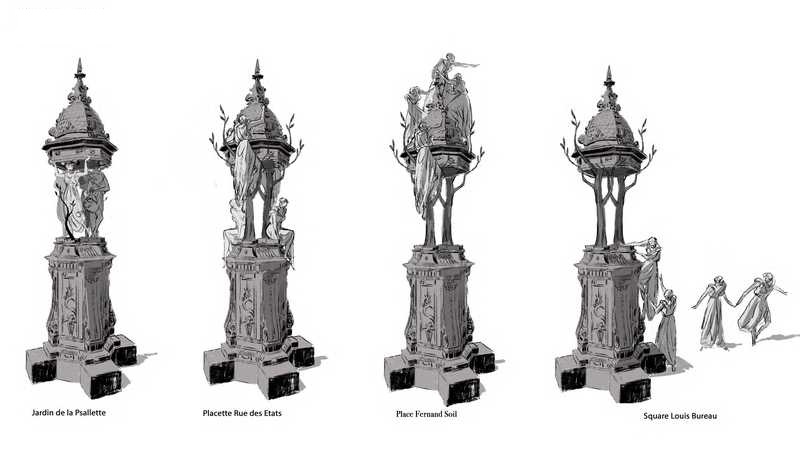 Esquisses des quatre fontaines imaginées par Cyril Pedrosa. © Cyril Pedrosa - Le Voyage à Nantes