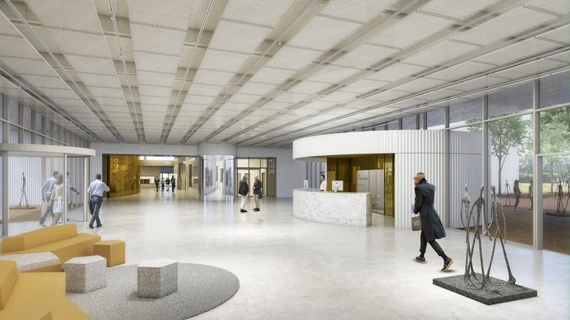 Le projet de rénovation du hall : un espace traversant, ouvert vers l’extérieur, avec un accueil bien identifié (© atelier d'architecture King Kong / José Llorens / Noémie Quienne).