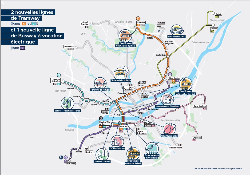 Carte générale du projet de dévleoppement des lignes de transport dans la métropole nantaise.