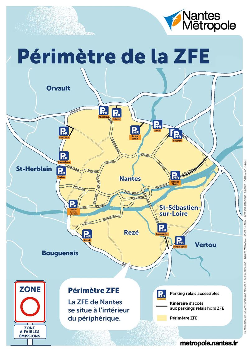 Le périmètre de la ZFE a été défini à l’intérieur du périphérique nantais. Les parkings-relais à proximité restent cependant accessibles.