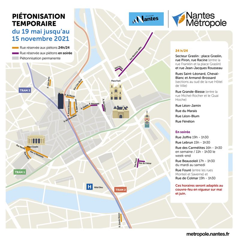 Carte des rues exceptionnellement réservées aux piétons du 19 mai au 15 novembre 2021.