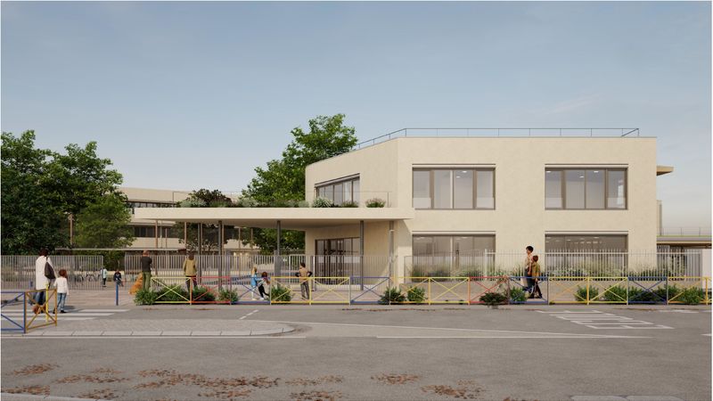 Vue sur le parvis du groupe scolaire rénové de La Chauvinière © Tank Architectes.