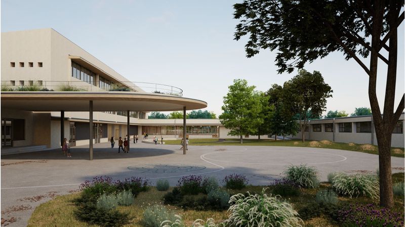 Vue sur la cour de l'école élémentaire La Chauvinière © Tank Architectes.