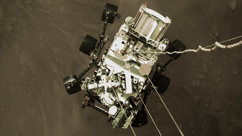 Le rover Perseverance en train de se poser sur Mars (Nasa/JPl-caltech)