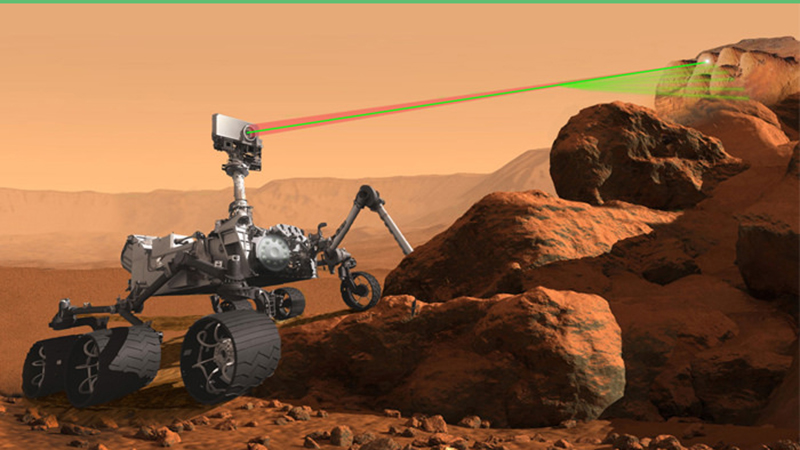 Dessin du rover Perseverance avec la SuperCam en action (NASA)