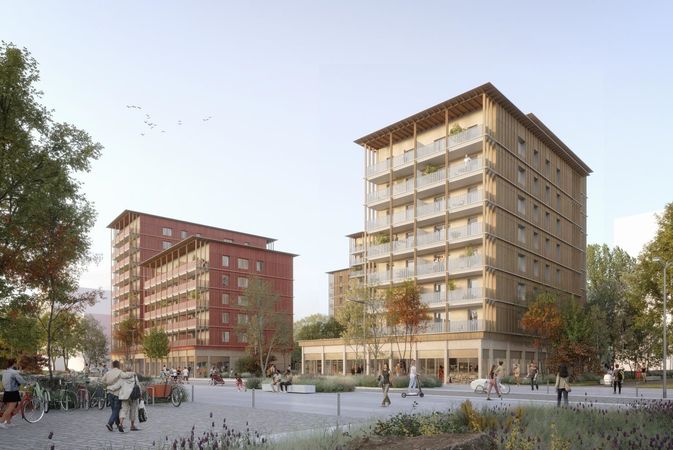 L’îlot A2B, original avec ses façades en paille et ossature bois, comptera 147 logements abordables et sociaux, avec quelques commerces en rez-de-chaussée (supérette, tabac-presse, etc.) et de vastes locaux pour les vélos et vélo-cargo. © NMA - MFLA GHT – Bertin