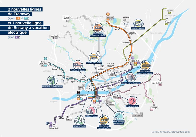 La ligne 8 de busway traversera toute l’île de Nantes, au sud. Le quartier profitera aussi de l’arrivée des 2 nouvelles lignes de tramway à l’ouest.