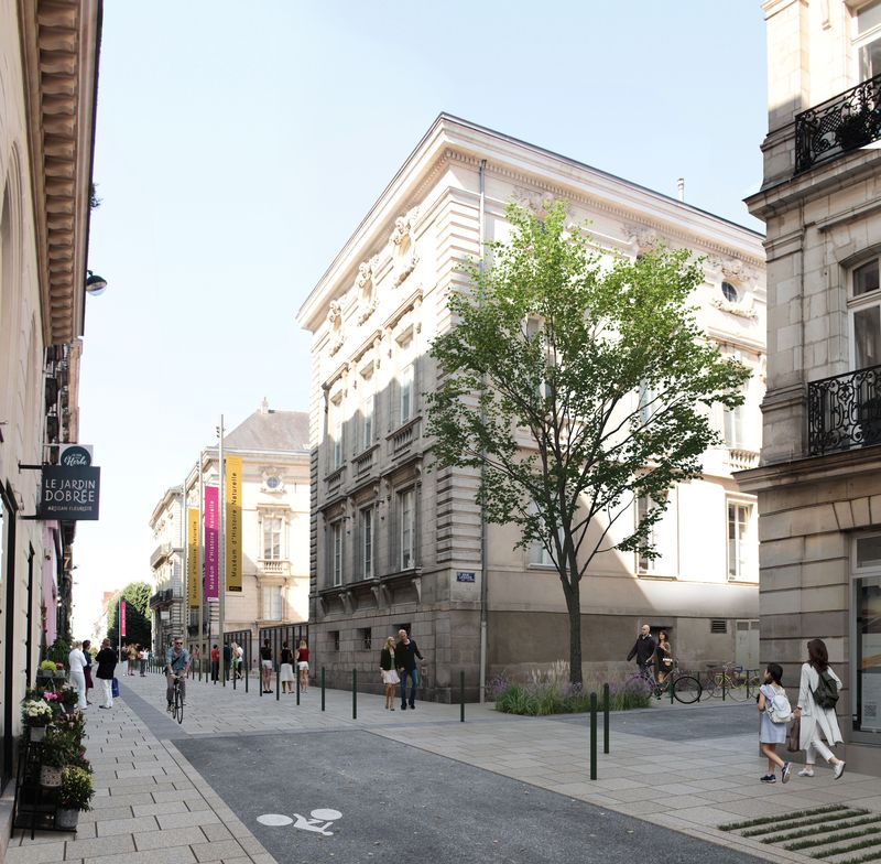 Rue Voltaire, les trottoirs seront élargis jusqu’à 4 mètres et un nouveau parvis en granit sera créé devant le Muséum d’histoire naturelle, dans l’esprit de celui du Musée d’arts. © Paume
