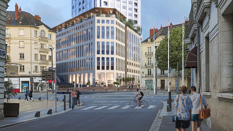 1 000 m² sont réservés à l'Agence culturelle bretonne 44 et aux Ecossolies dans le socle de la tour, côté place de Bretagne, et 1 hôtel sera créé le long de la rue de l’Arche-Sèche, à la place du parking souterrain. © PCA-Stream