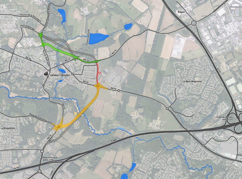 En vert, rouge et jaune, voici les tracés retenus pour le contournement du bourg d’Orvault.