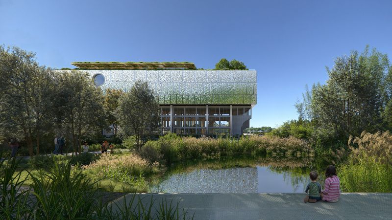 La Cité des imaginaires vue du bassin du Jardin extraordinaire. L'équipement ouvrira ses portes en 2028 @ HISM - Neutelings Riedijk 