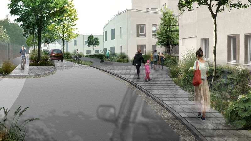Dans le cadre du projet immobilier de la Persagotière, une plus grande place est laissée aux piétons et aux vélos. Crédit : Nantes Métropole / Phytolab.