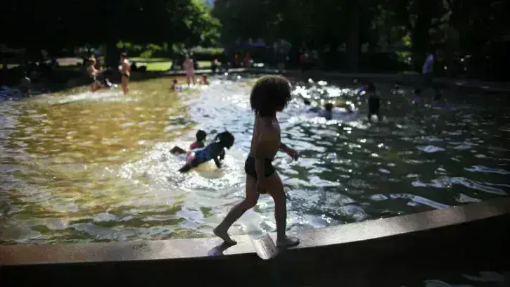 Des enfants au bord de la pataugeoire du parc de la Noë-Mitrie, à Nantes.