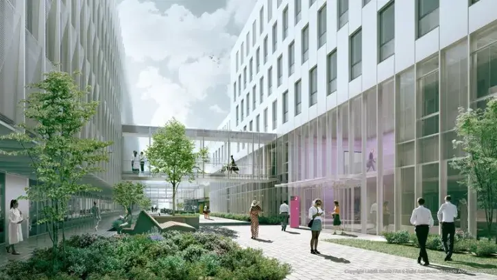 Ouvert sur la ville, le nouvel hôpital sera traversé par trois rues piétonnes et ponctué d'espaces verts. Une allée jardin distribuera les différents services situés en rez-de-chaussée : plateau de consultations externes, imagerie, urgences pédiatriques…