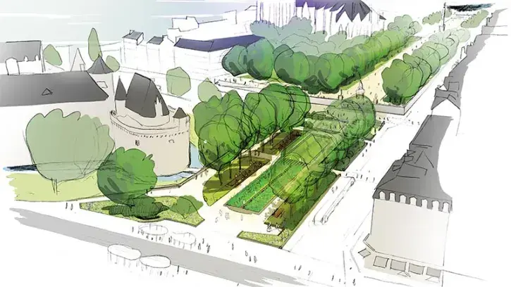Des allées s'inscriront dans la continuité des cours et un axe transversal permettra de relier la rue de Richebourg et le Jardin des plantes au Château. Une nouvelle allée sera créée à la sortie du tramway pour rejoindre les abords de l'édifice. © Phytola