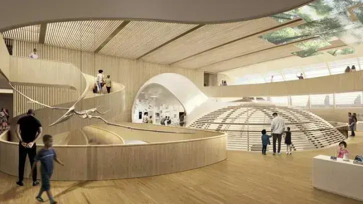 Sorte de cocon en bois, la salle des origines sera un lieu de déambulation et de réflexion permettant de comprendre les enjeux de demain pour mieux « Habiter la terre » © Moatti & Rivière.