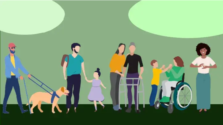 L'illustration représente plusieurs personnes : un homme aveugle avec une canne et un chien guide, un homme avec sa fille, une personne âgée en déambulateur avec son aidante, une femme en fauteuil roulant avec son fils et une femme qui signe en langue des