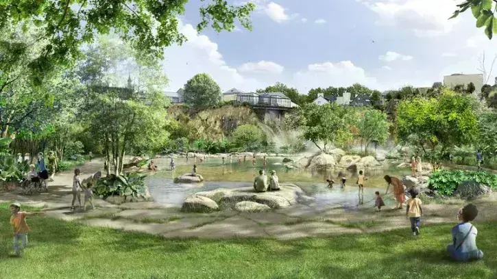 Pièce maîtresse de la partie Est de ce Jardin extraordinaire : un grand bassin naturel, entouré d'une plage verte, où on pourra lézarder et se baigner. © L'œil mobile pour Phytolab