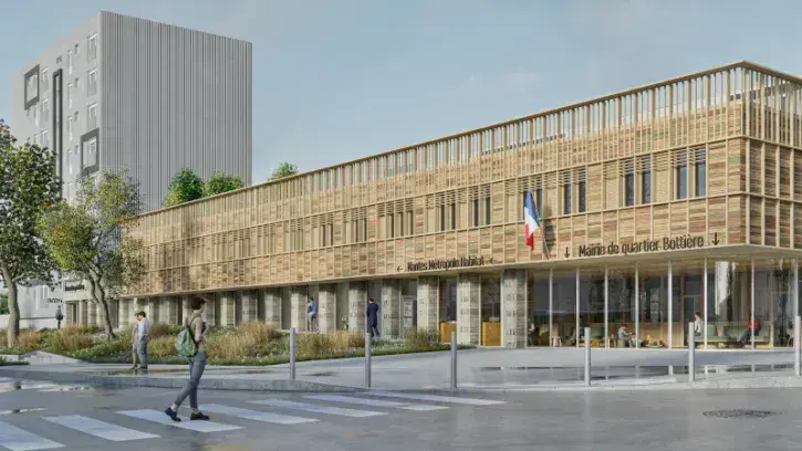 Perspective du futur pôle d'équipements publics de la Bottière, vue depuis l'angle de la rue de la Riveterie et de la rue de la Souillarderie (C) Forma⁶ SCOP d'architecture.