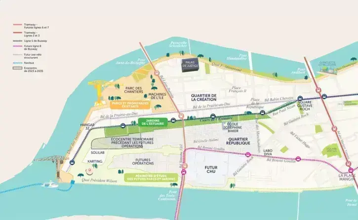 Irrigué par deux grands axes – le boulevard Simone-Veil, entre le pont Anne-de-Bretagne et le pont des Trois-Continents, et un second axe reliant le centre historique de Nantes et le futur hôpital, le quartier République sera connecté aux nouvelles lignes