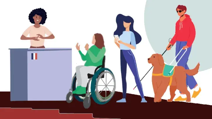 L'illustration présente un guichet derrière lequel une femme s'exprime en langue des signes française avec une femme en fauteuil roulant qui signe également. Dans la file d'attente une femme attend, téléphone en main, puis un homme aveugle avec sa canne e