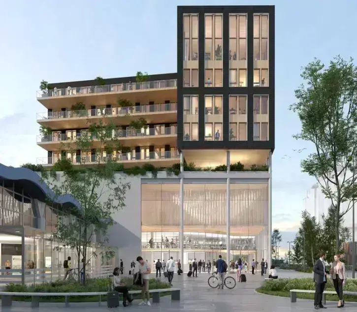 Le pôle d'échange multimodal, en chantier de 2022 à 2024, abritera le hall de la gare routière, une station de taxis, 1200 places sécurisées pour les vélos, un parking pour les loueurs de voitures et des bureaux dans sa partie haute. © AIA Life Designers.